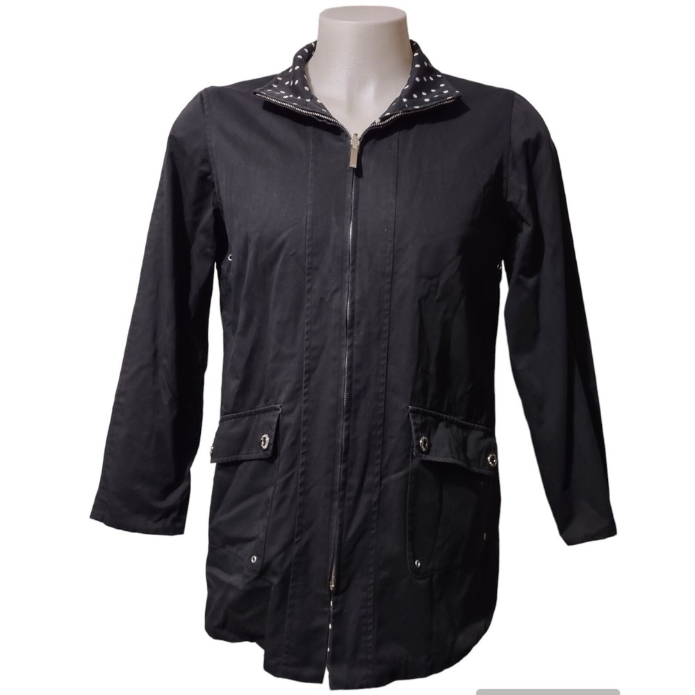 Jones New York Jacket Women's Medium Reversible Coat Zip Front Polka Dot Black